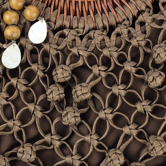 Coldwater Creek Chocolate Brown Macrame Woven Wood Double Hoop Handle Bag - Picture 13 of 14
